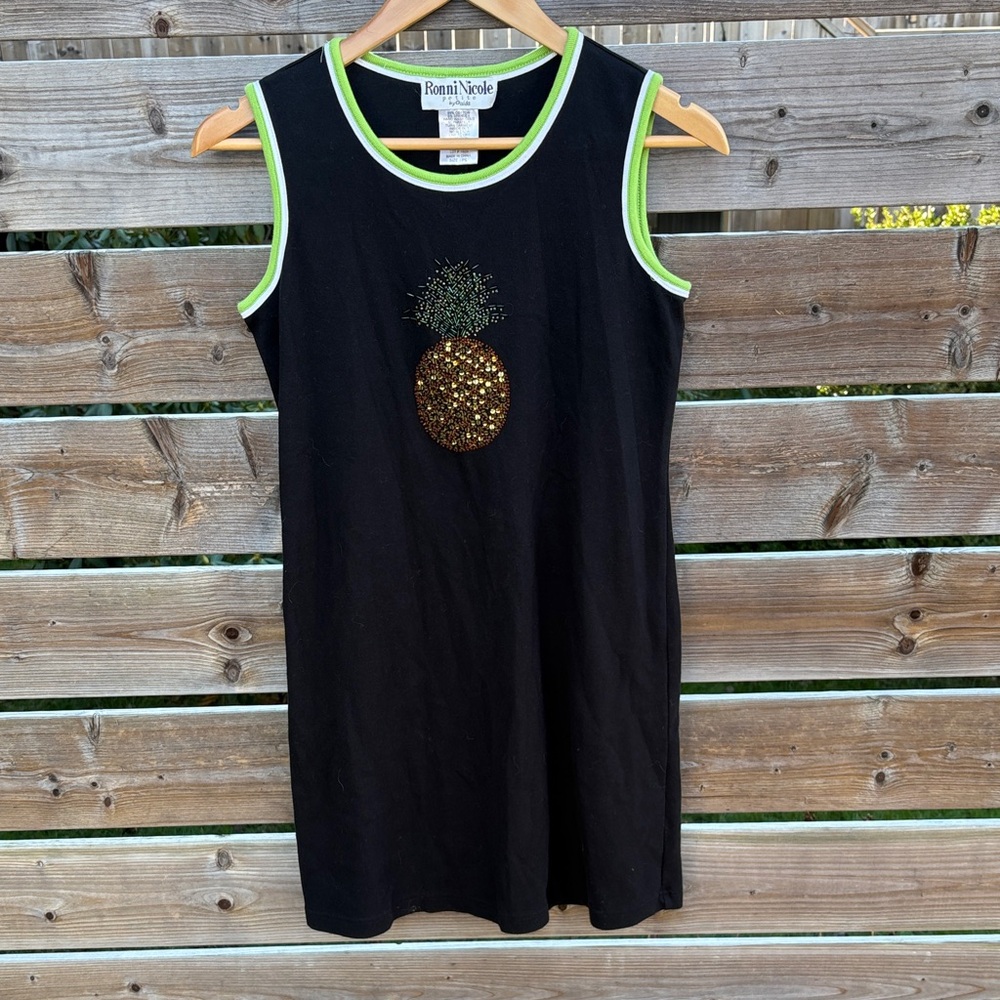 Vintage Ronni Nicole Black Dress with Green Trim and pineapple size SP
